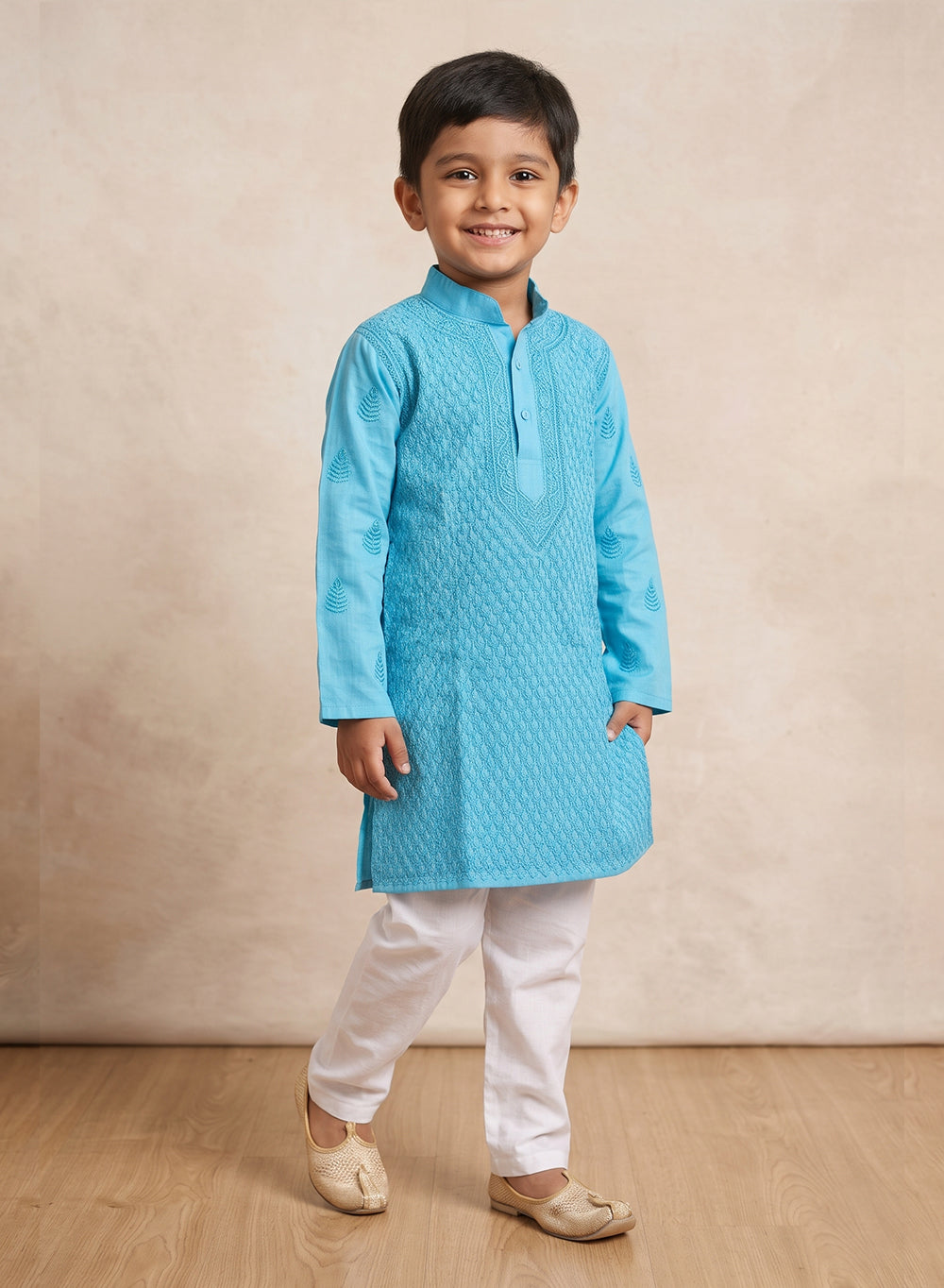 Blue with Green Thread Front Jaal - Cotton Chikankari Kurta With Pajama