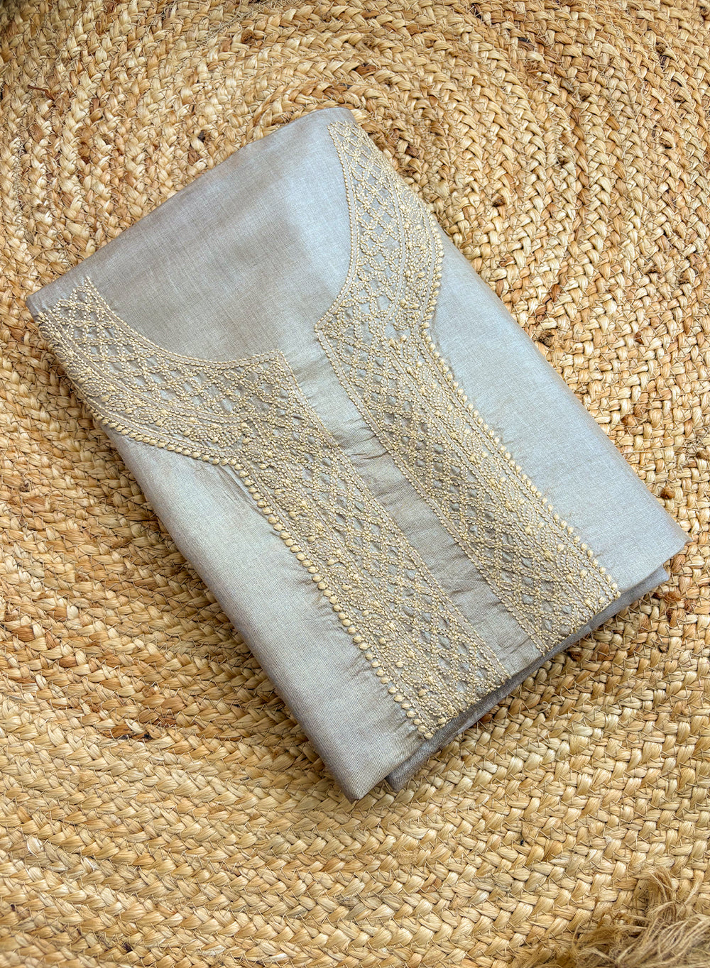 Grey Unisex - Dhoop Kinaray Pure Tussar Silk Chikankari Kurta Fabric