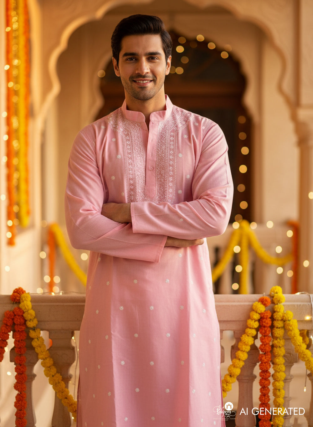 Baby Pink - Nawab Cotton Chikankari Men Long Kurta