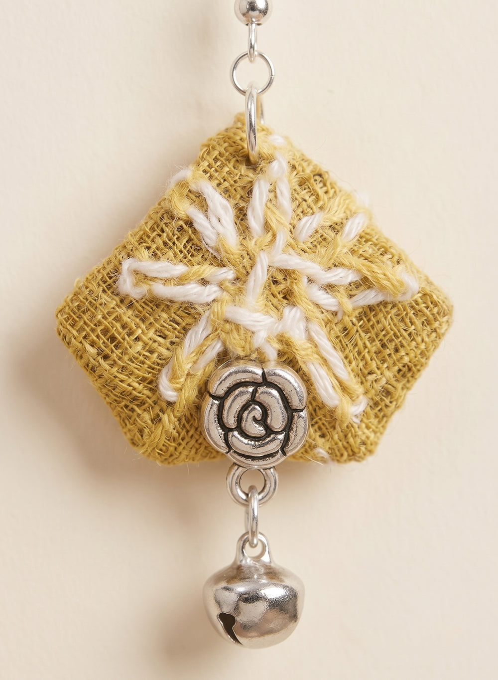 Olive Green Handcrafted Diamond Fabric Dangler Earrings with Thread Embroidery, Rose Charm & Ghungroo Drop