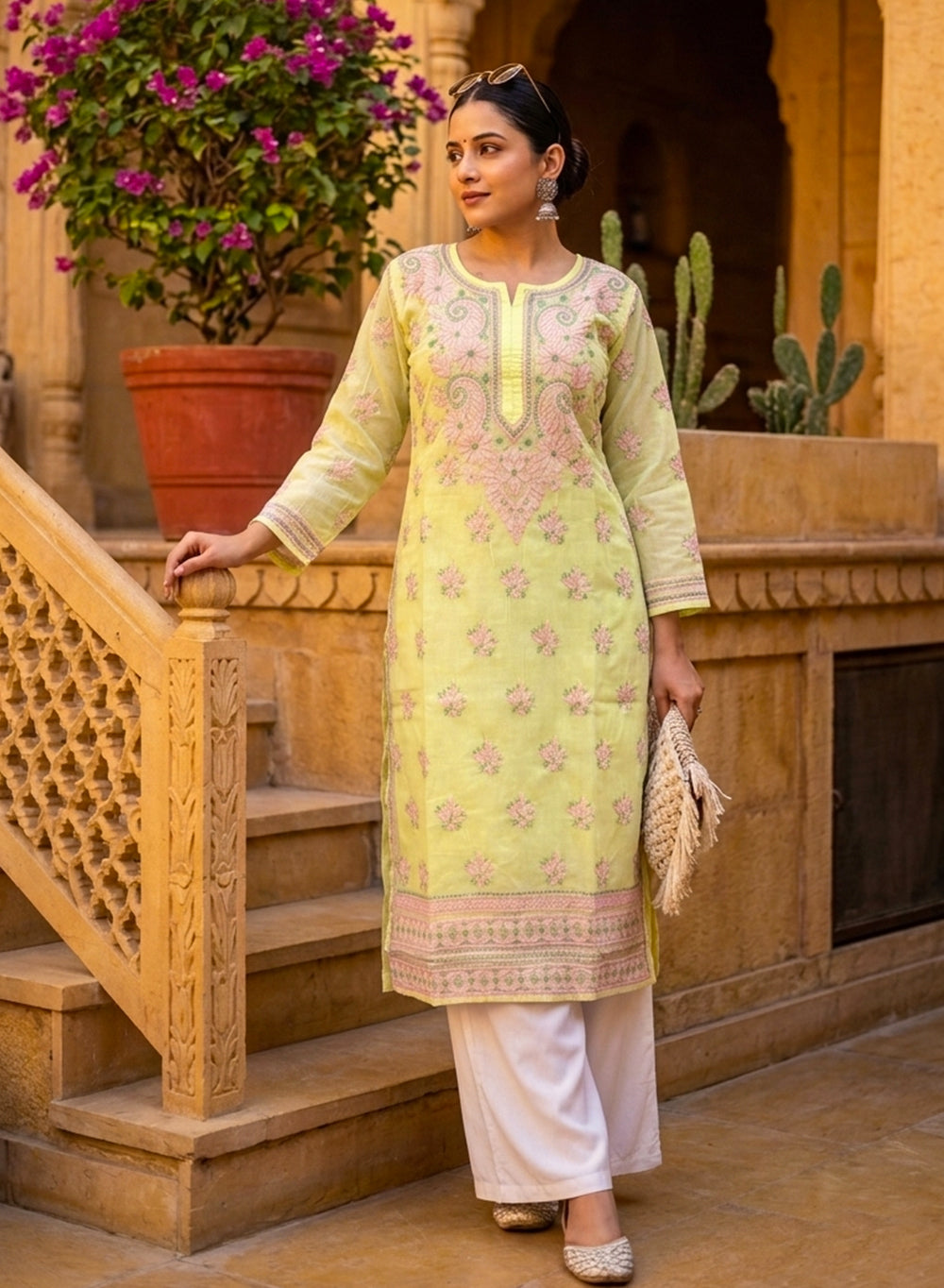 Light Yellow With Pink Thread Work - Bahaar Cotton Terry Voile Chikankari Kurta With Slip
