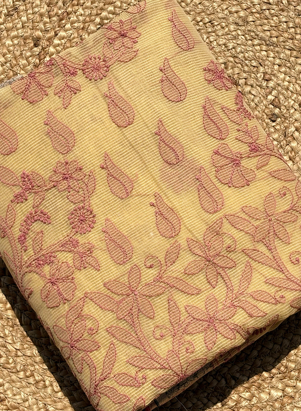 Yellow With Pink Cotton Chanderi - Aks Hand Embroidered Chikankari Saree