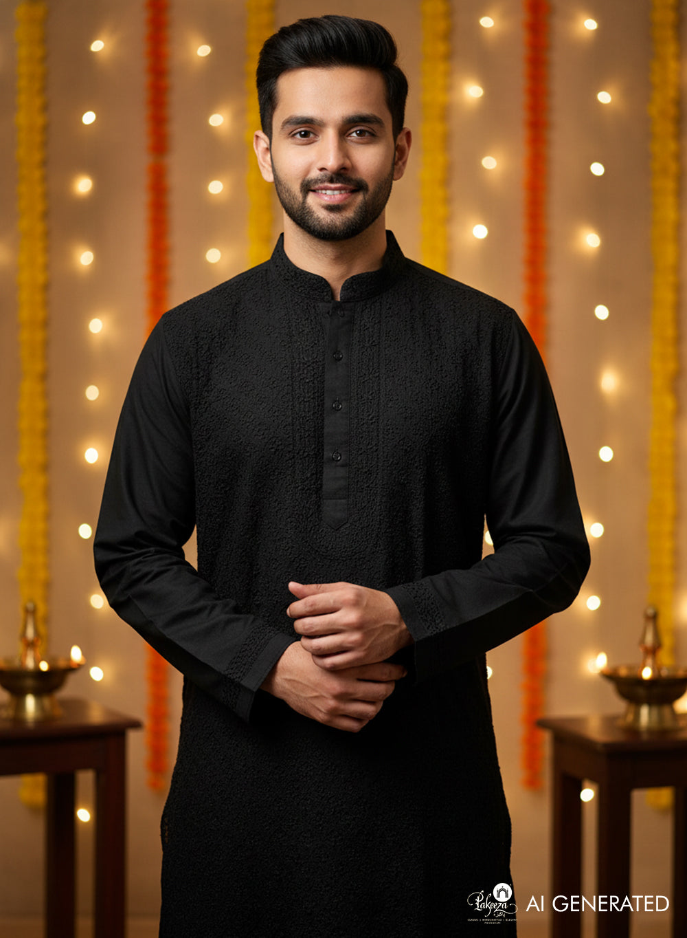 Black Front Jaal - Nawab Cotton Men Chikankari Long Kurta