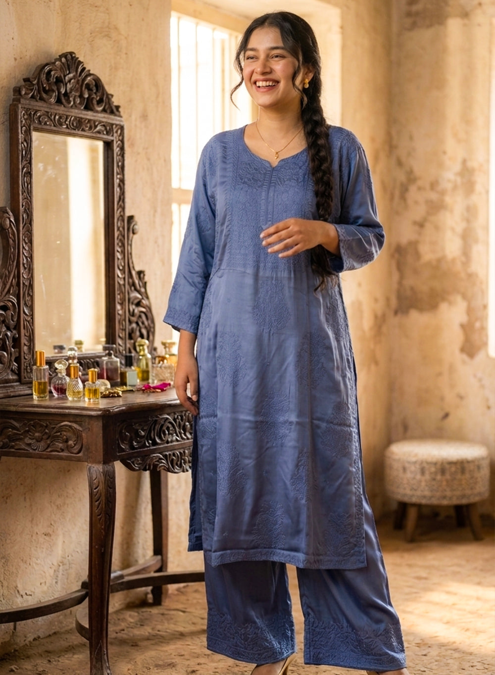 Seher Cobalt Blue - Nargis Satin Chikankari Kurta & Palazzo Set