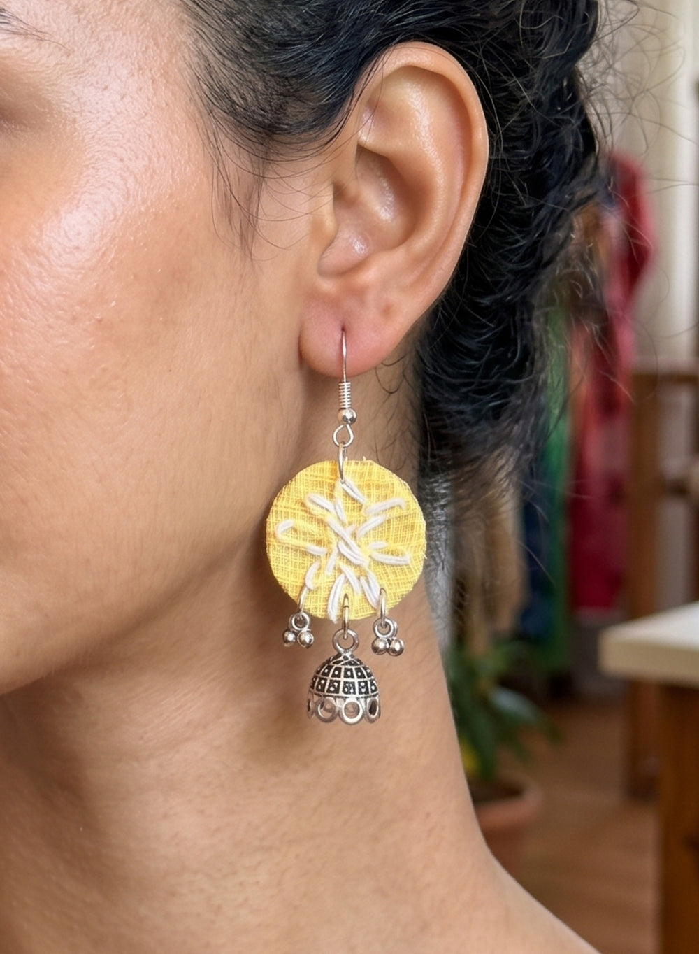 Yellow Handcrafted Fabric Circular Danglers with White Thread Embroidery & Oxidized Mini Jhumki Drops