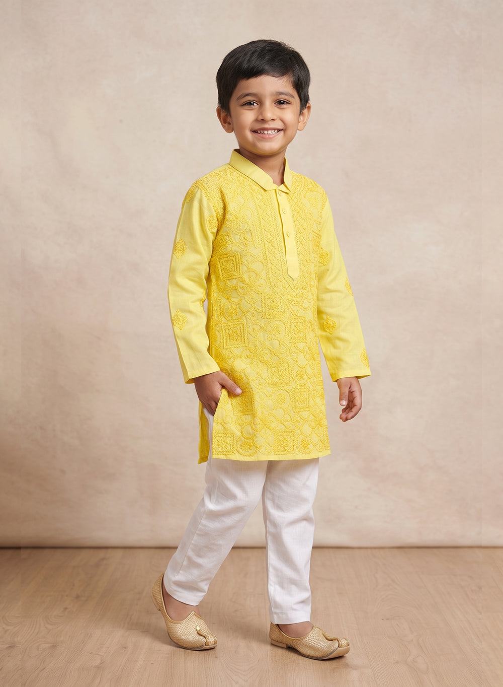 Lime Yellow Dual Thread Front Jaal - Cotton Chikankari Kurta With Pajama