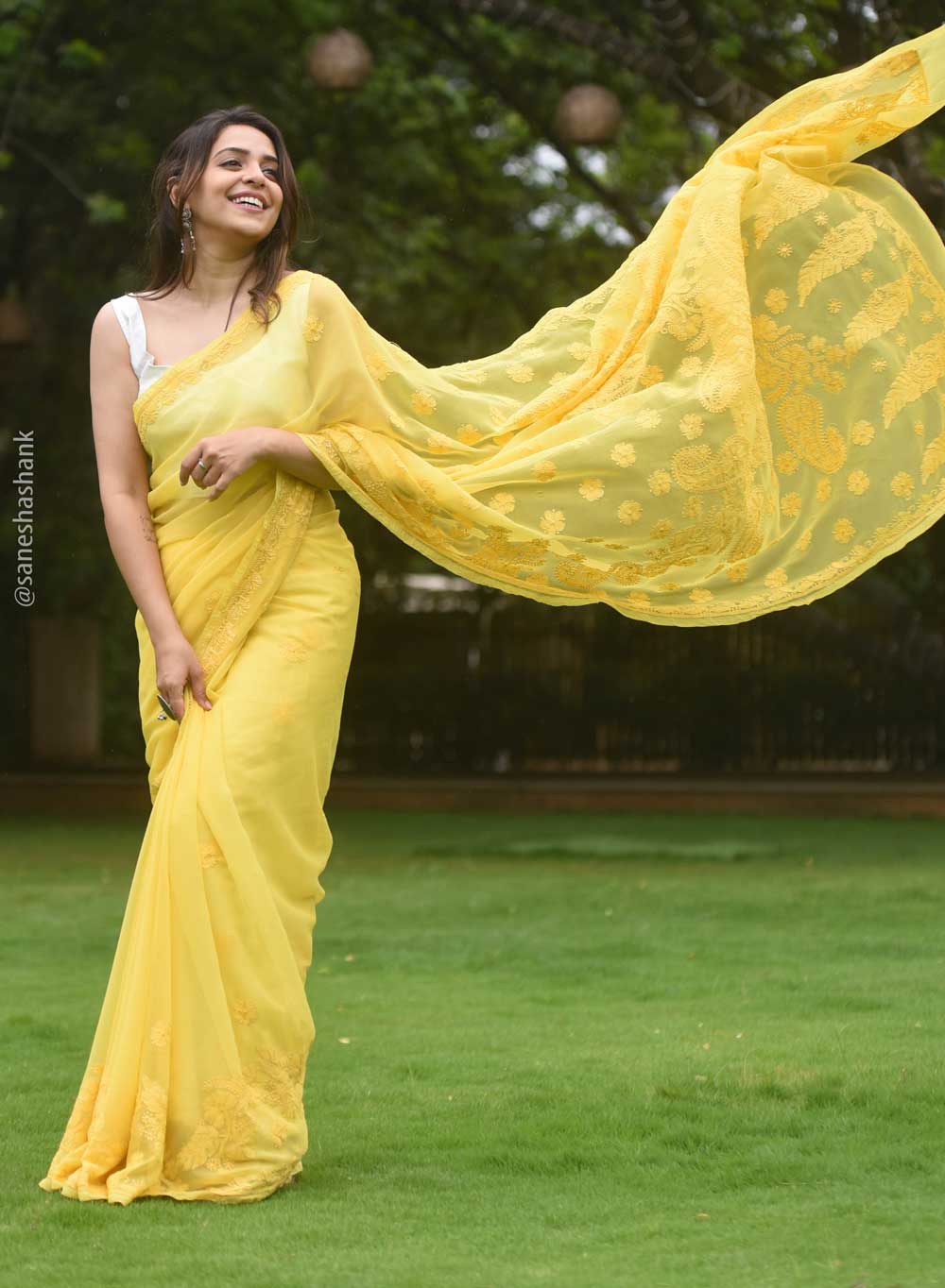 Kunjika Yellow - Aks Georgette Chikankari Saree