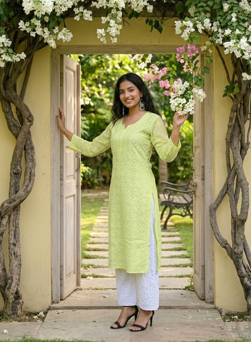 Ada Pista Green - Bahaar Muslin Front Jaal Chikankari Kurta