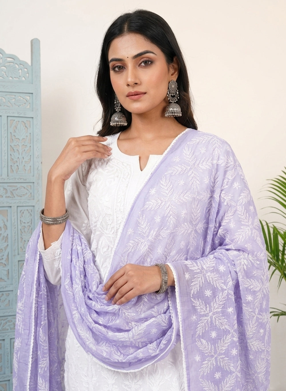 Lilac - Nazm Kota Cotton Chikankari Dupatta With White Thread Embroidery