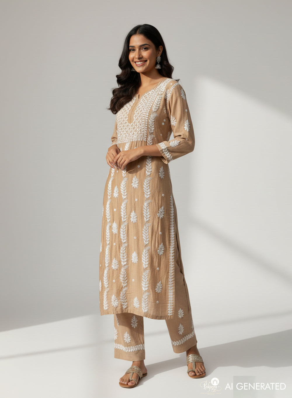 Beige - Muslin Nargis Chikankari Co-ord Set