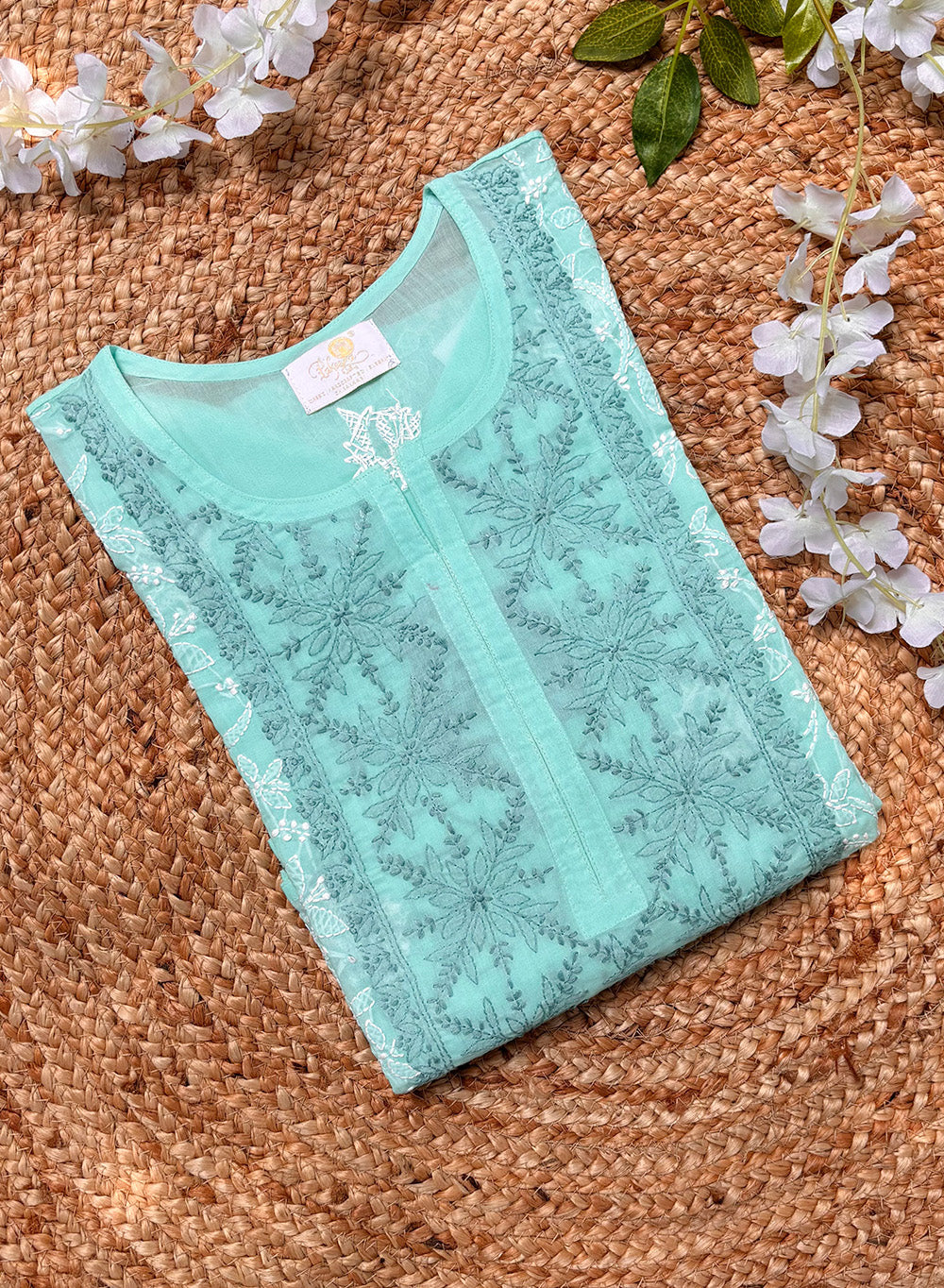 Sea Green - Cotton Terry Voile Bahaar Chikankari Kurta