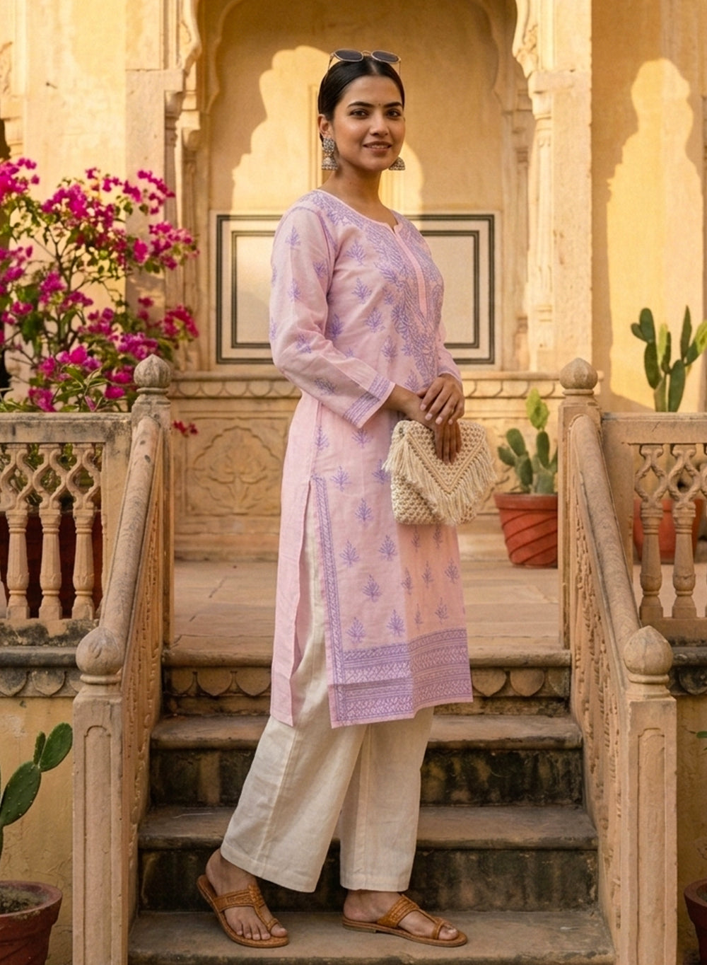 Baby Pink With Blue Thread Work - Bahaar Cotton Terry Voile Chikankari Kurta