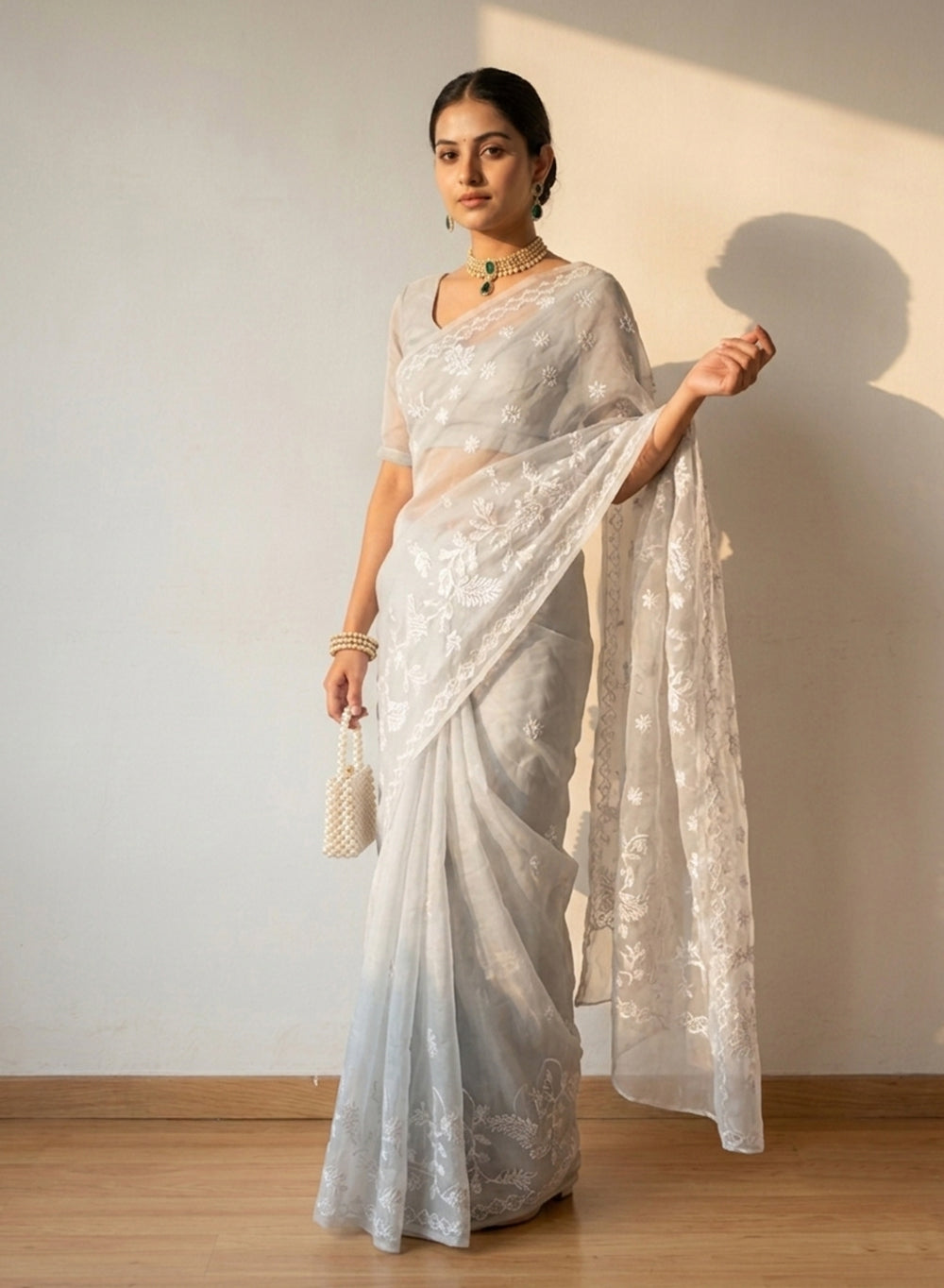 Ruhani Gray Mukaish - Aks Organza Chikankari Saree