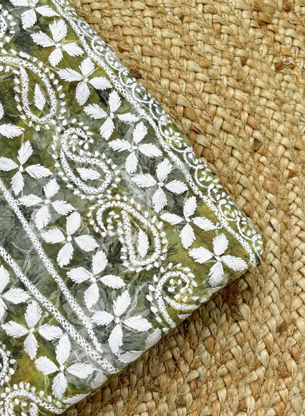 Gulfam Organza Olive Green Floral Printed Chikankari Kurta & Dupatta Set