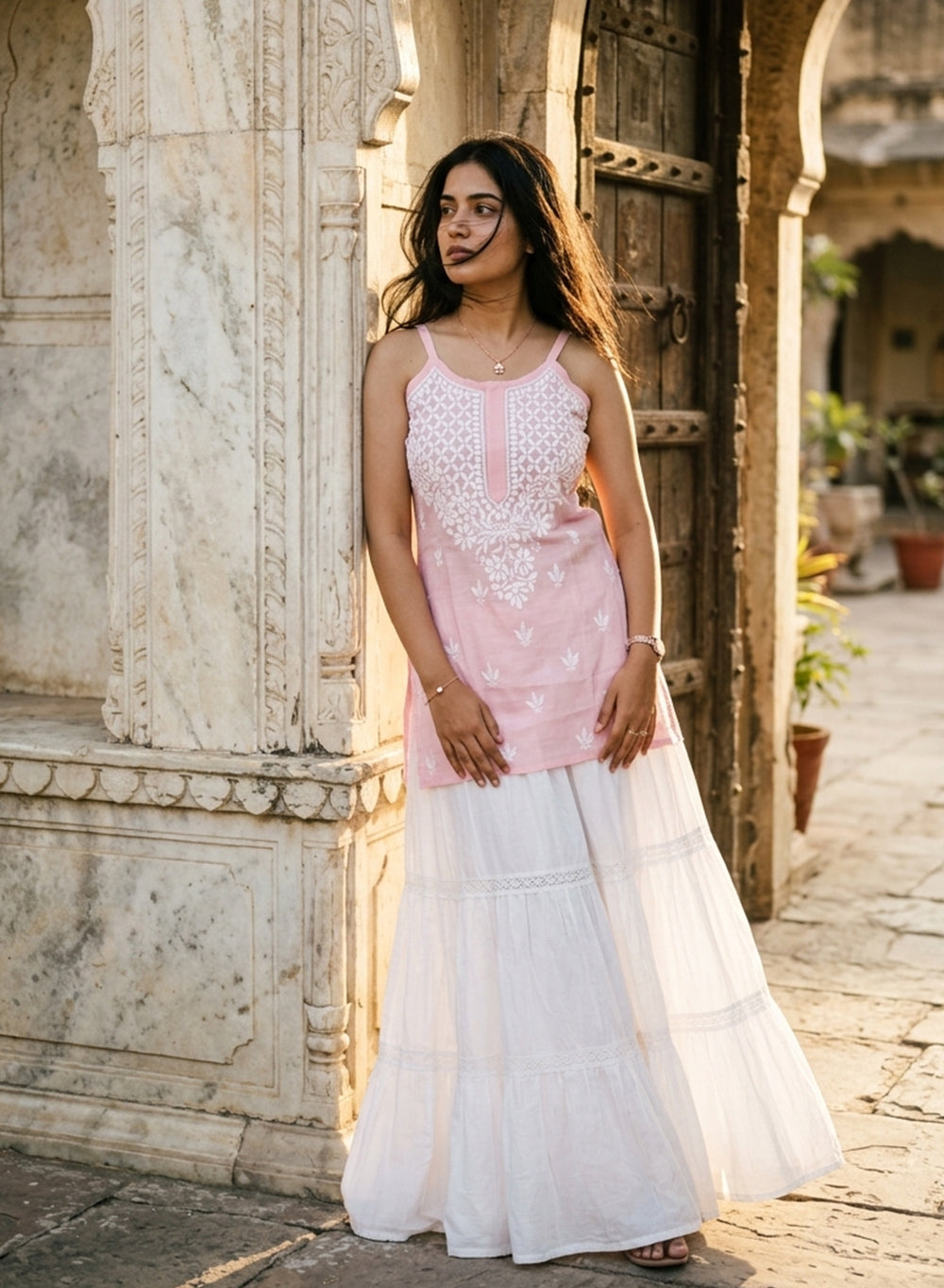 Zoya Peach – Cotton Chikankari Noodle Strap Short Top