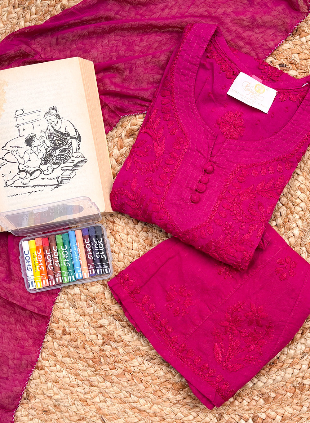 Pihu Dark Pink - Dobby Cotton Chikankari Kidswear Set