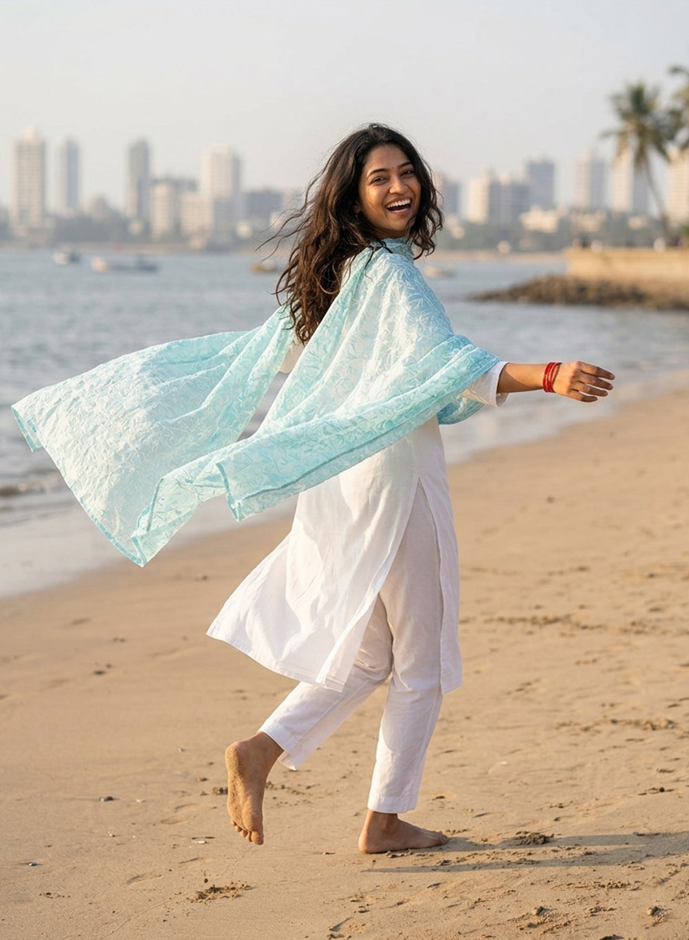 Sky Blue - Nazm Cotton Chikankari Dupatta With White Thread Embroidery