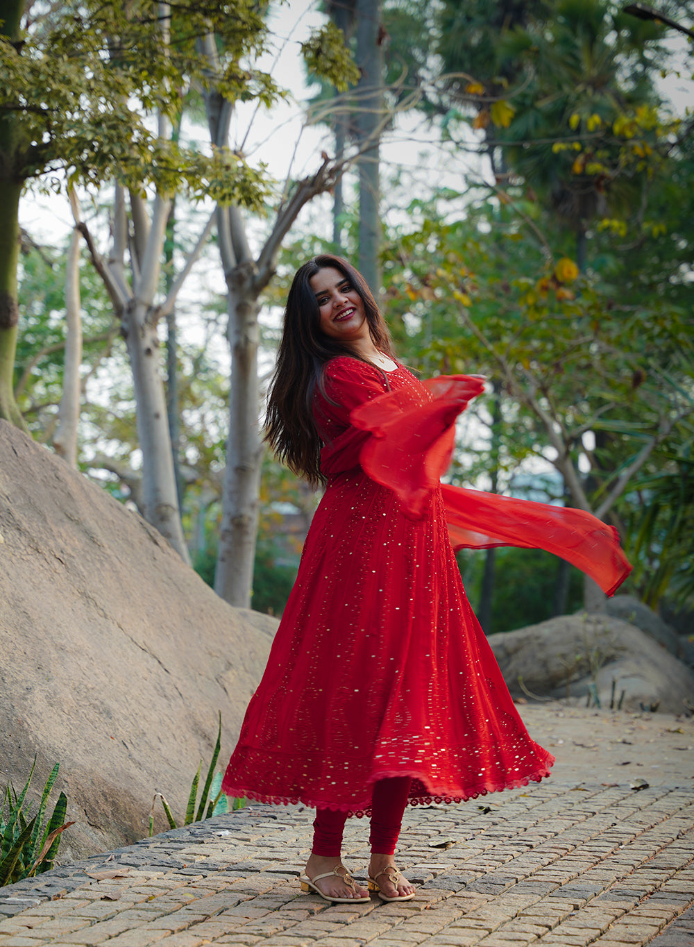 Ibadat Red - Viscose Anarkali & Dupatta Nargis Chikankari Set