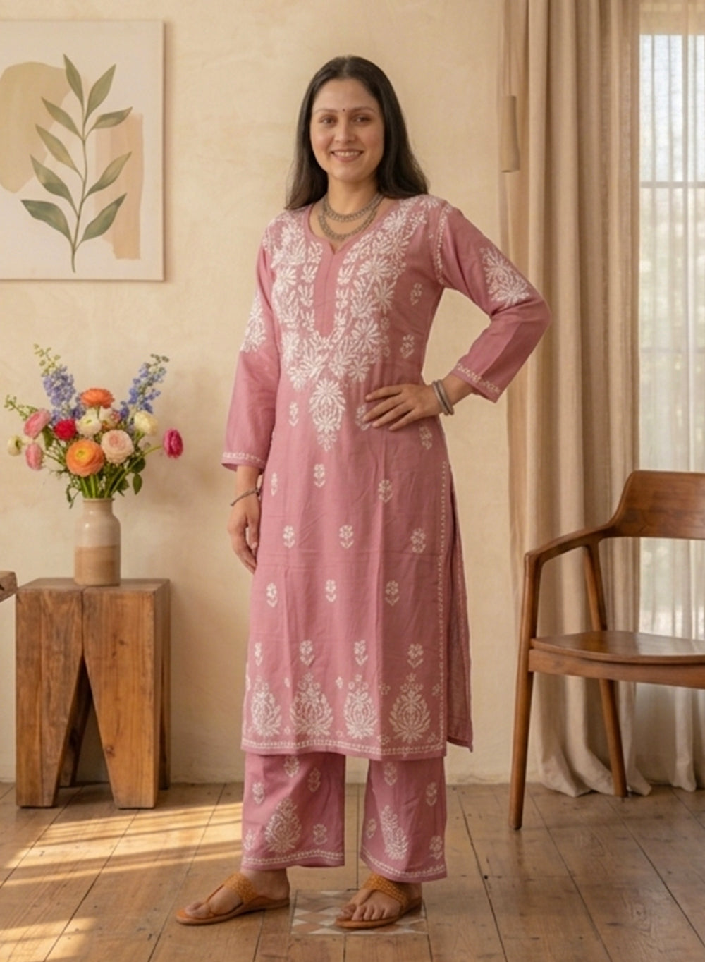 Pink - Modal Nargis Chikankari Co-ords Set With White Thread Embroidery