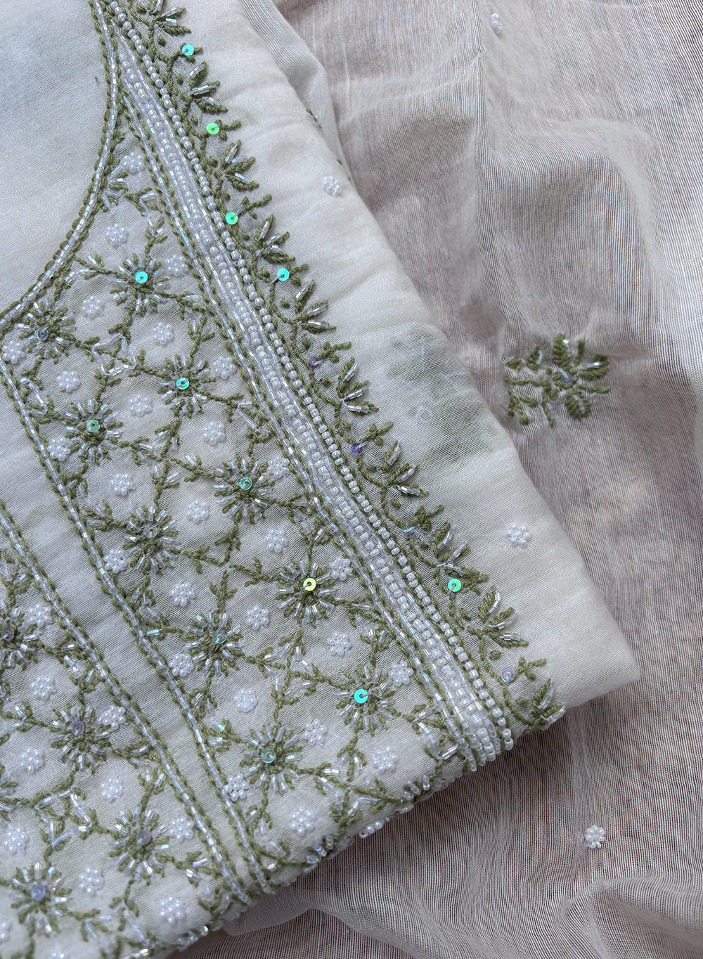 White & Olive Green - Moti & Katdana Nayaab Mul Chanderi Kurta & Dupatta Set