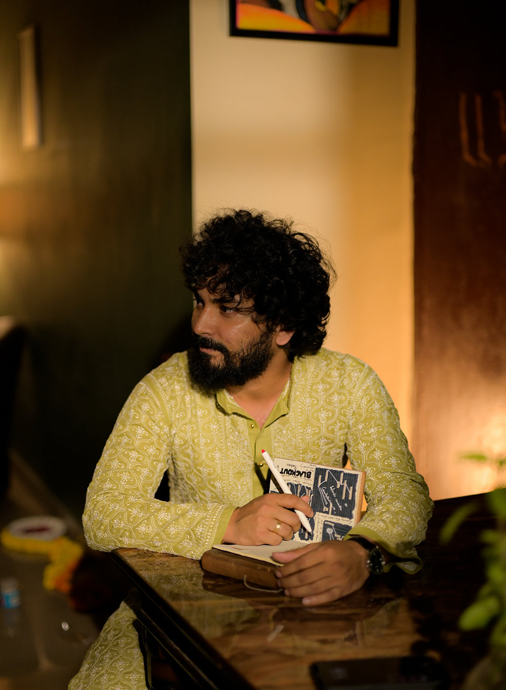 Olive Green Front Jaal - Nawab Cotton Chikankari Men Long Kurta