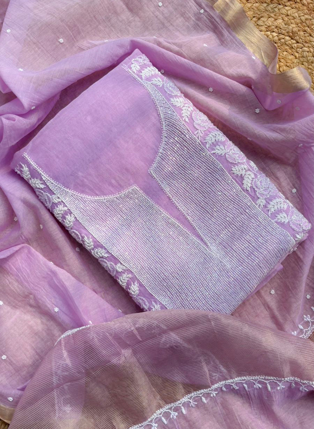 Lilac - Nayaab Mul Chanderi Chikankari Dress Material With Moti & Katdana Work
