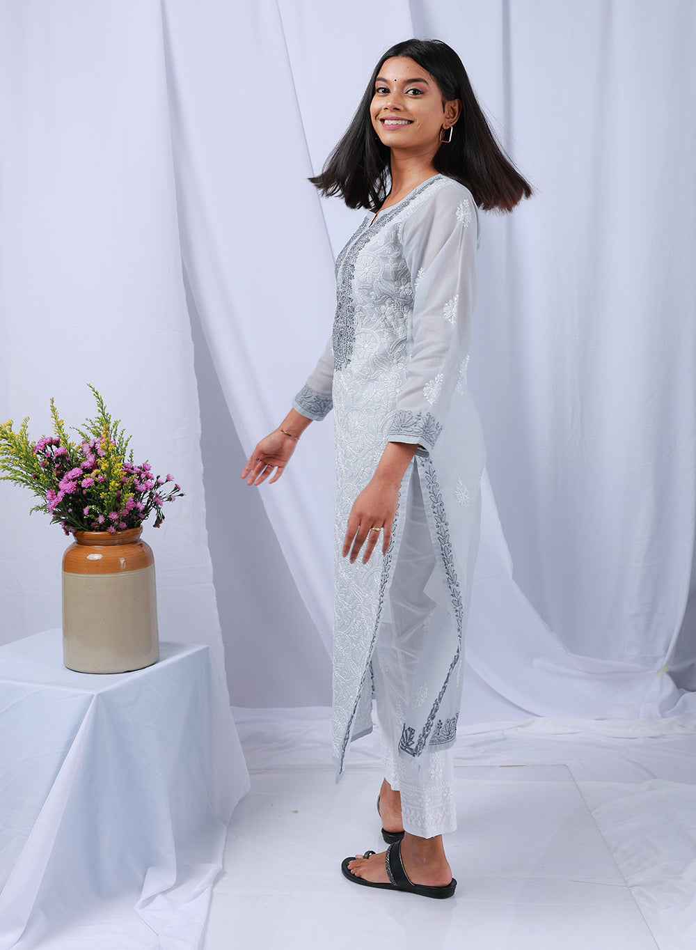 Mehak Gray - Cotton Terry Voile Bahaar Chikankari Kurta