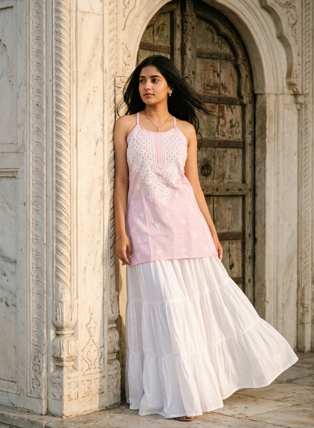 Zoya Pink – Cotton Chikankari Noodle Strap Short Top