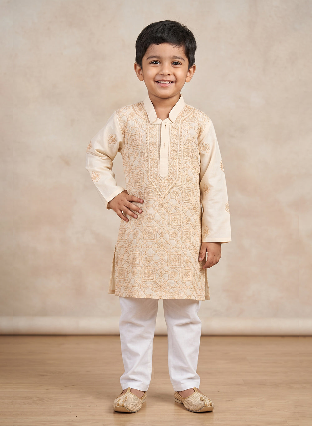 Beige Front Jaal - Cotton Chikankari Kurta With Self Thread Work & Pajama
