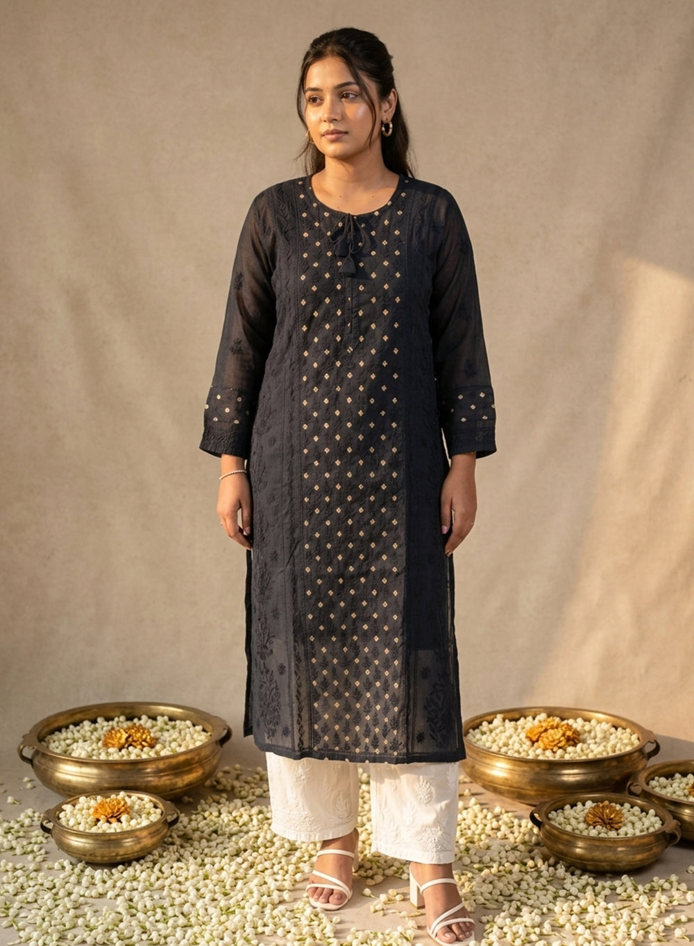 Dark Gray - Anjuman Mul Chanderi Brocade Chikankari Kurta With Slip