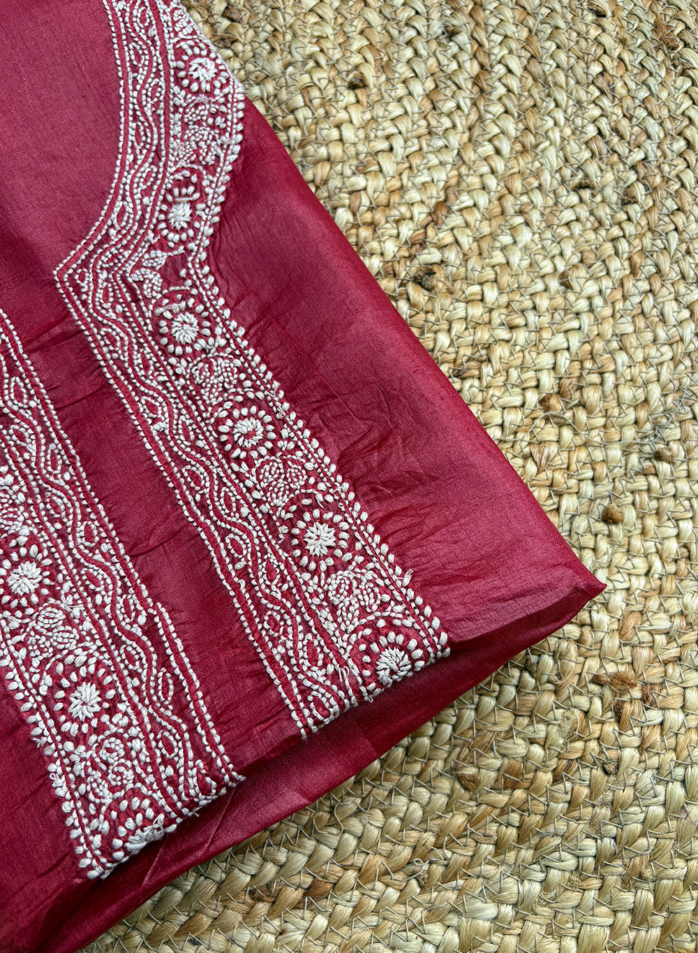 Maroon Unisex - Dhoop Kinaray Pure Tussar Silk Chikankari Kurta Fabric