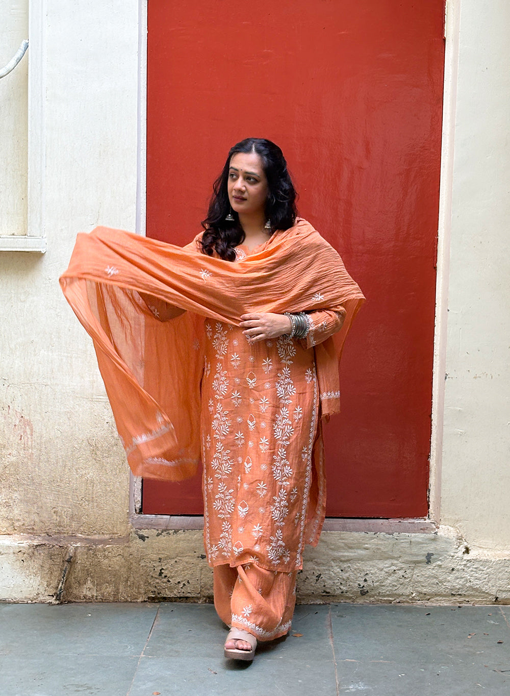 Orange - Mul Chanderi Nargis Chikankari Set