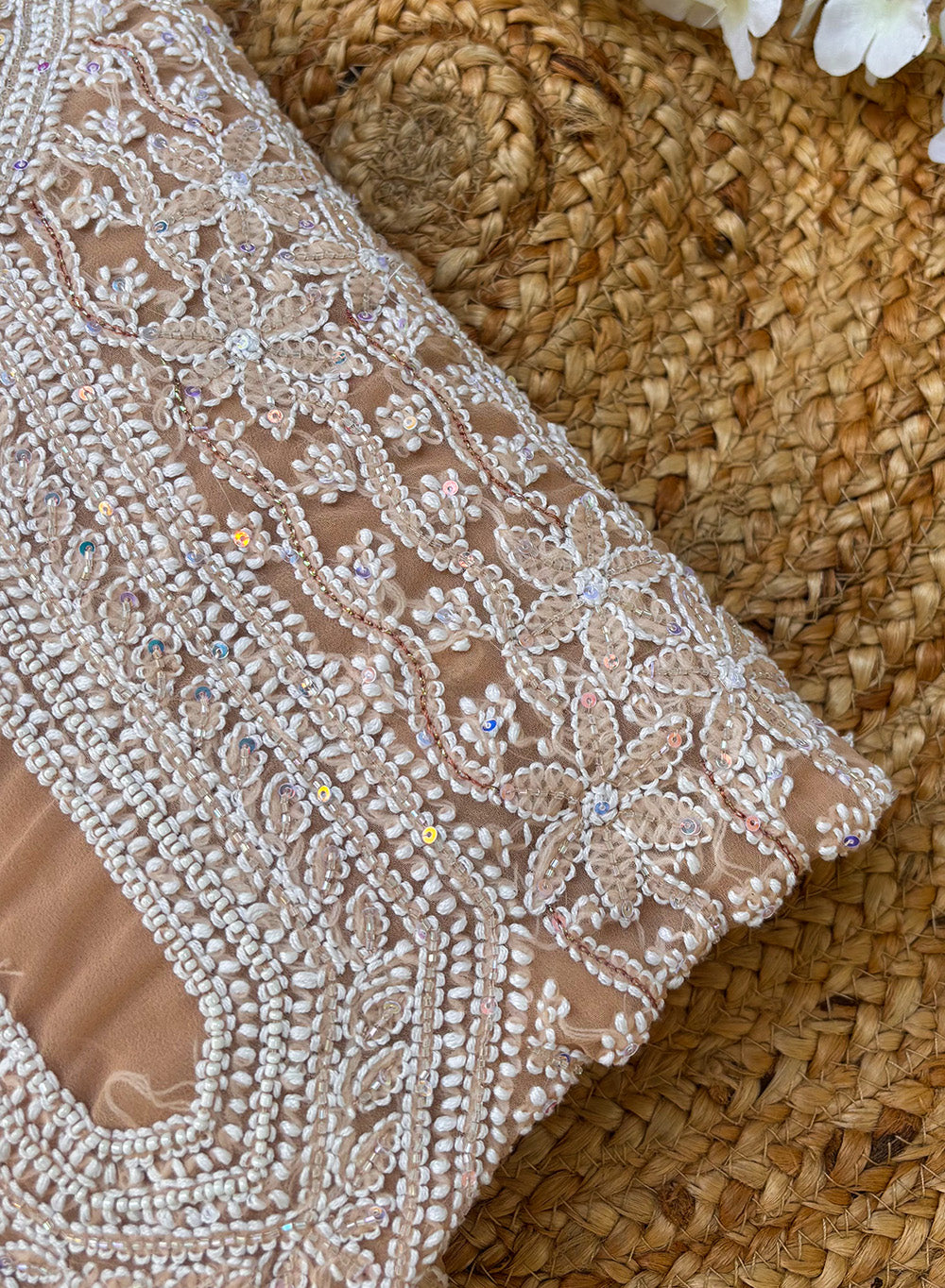 Beige Moti Sequin Georgette Chikankari - Nayaab Full Dress Set