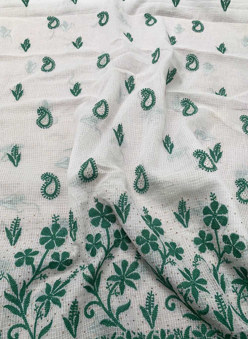 White & Green Mukaish - Dhoop Kinaray Kota Chikankari Kurta Fabric