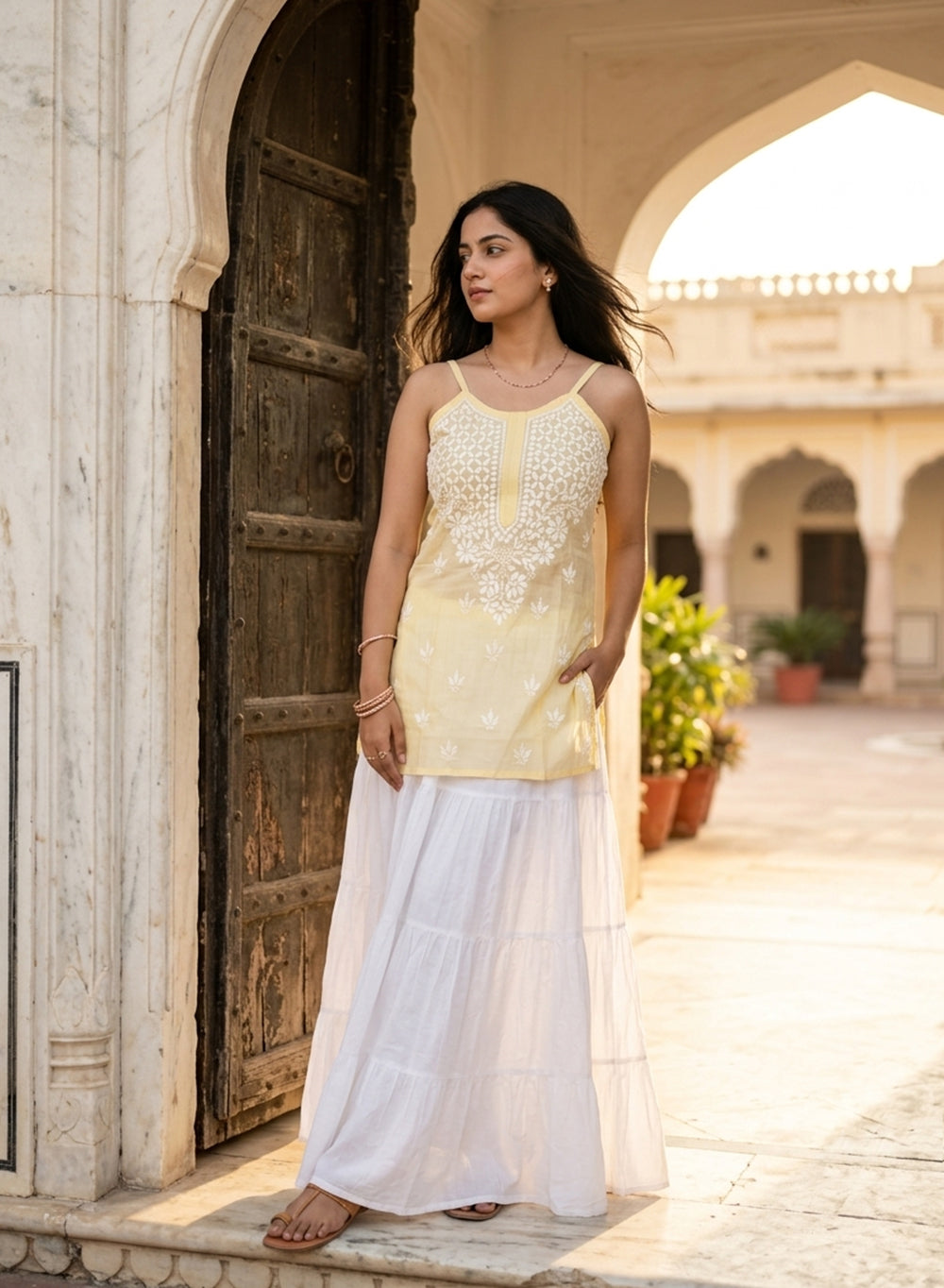 Zoya Light Yellow – Cotton Chikankari Noodle Strap Short Top