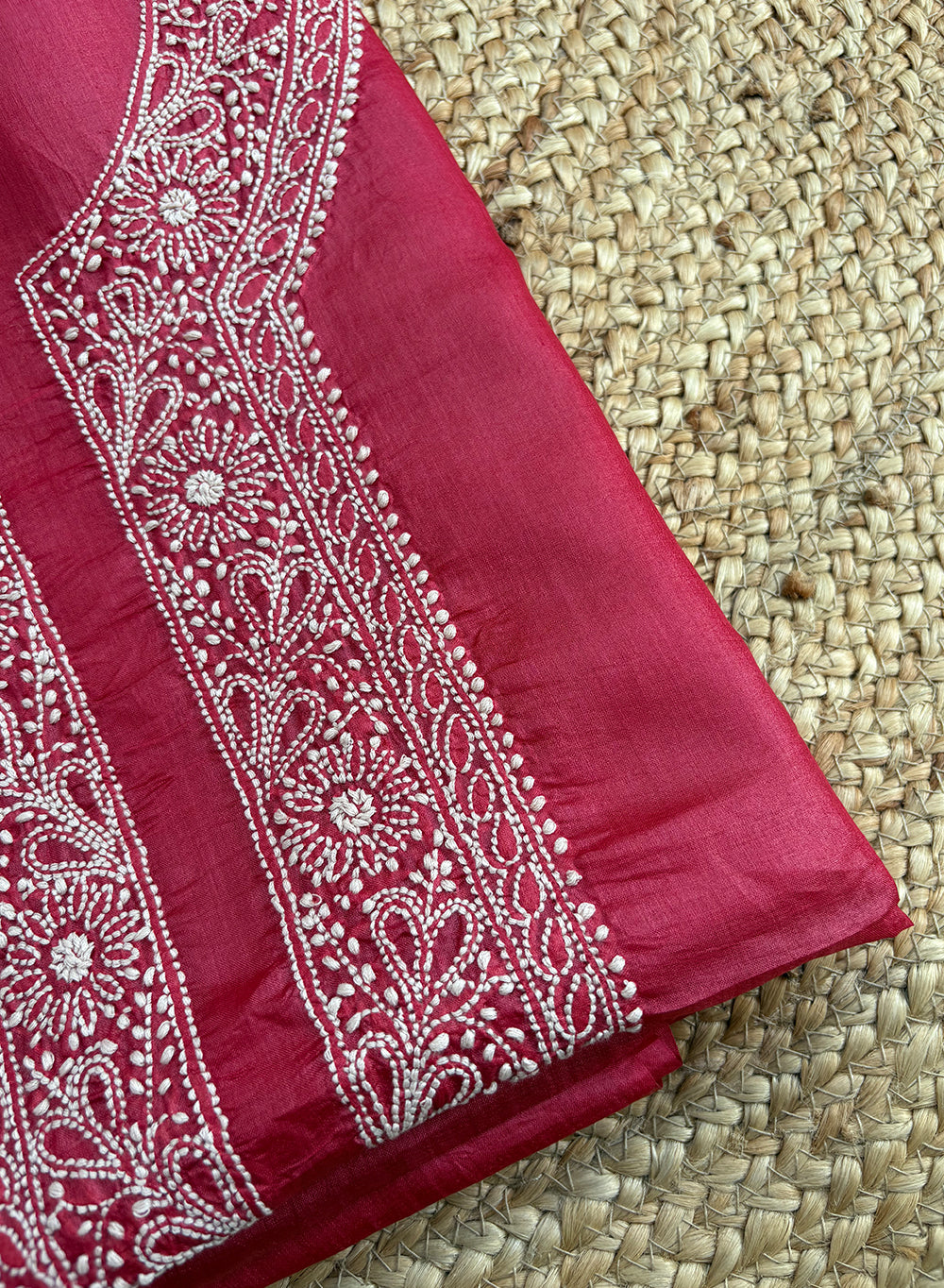 Cherry Red Unisex - Dhoop Kinaray Pure Tussar Silk Chikankari Kurta Fabric