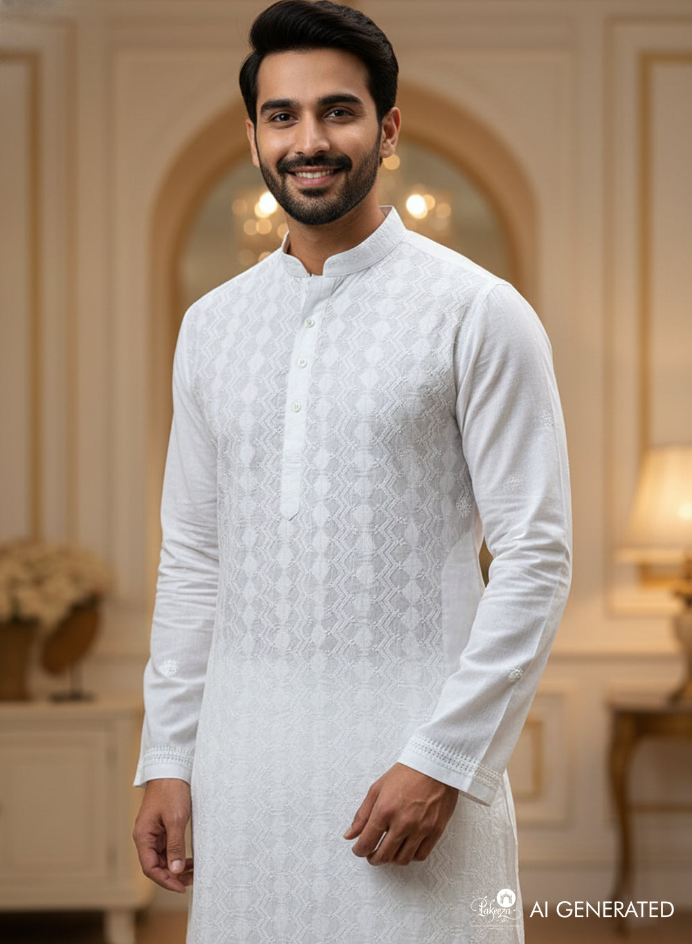 White Full Jaal - Nawab Cotton Men Chikankari Long Kurta