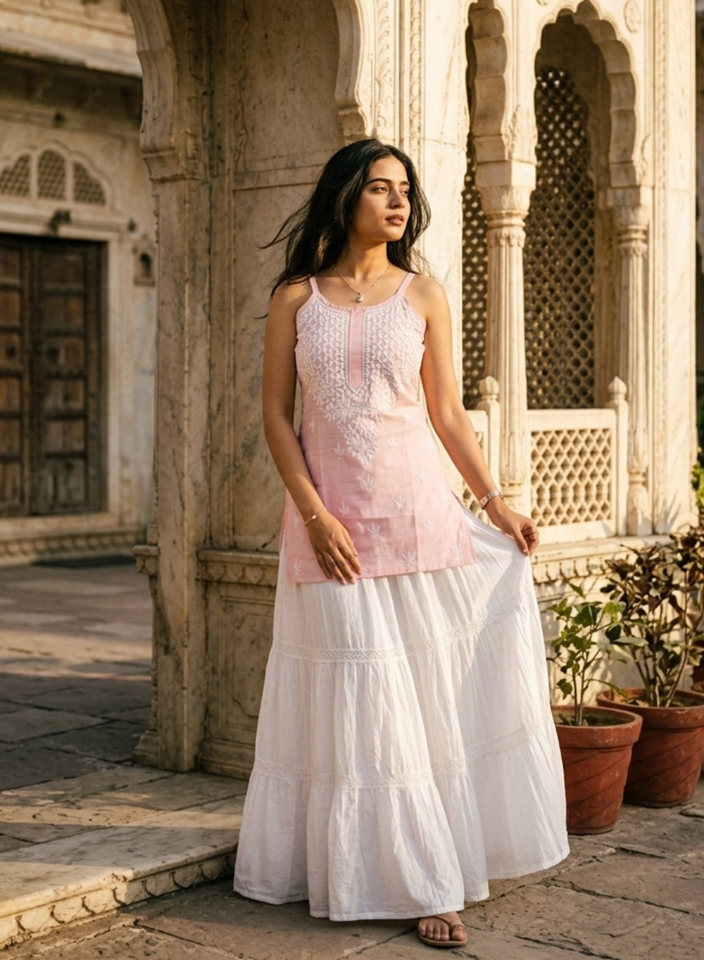 Zoya Peach – Cotton Chikankari Noodle Strap Short Top