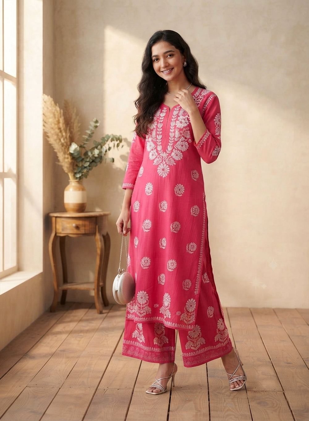 Hot Pink - Modal Nargis Chikankari Co-ords Set With White Thread Embroidery