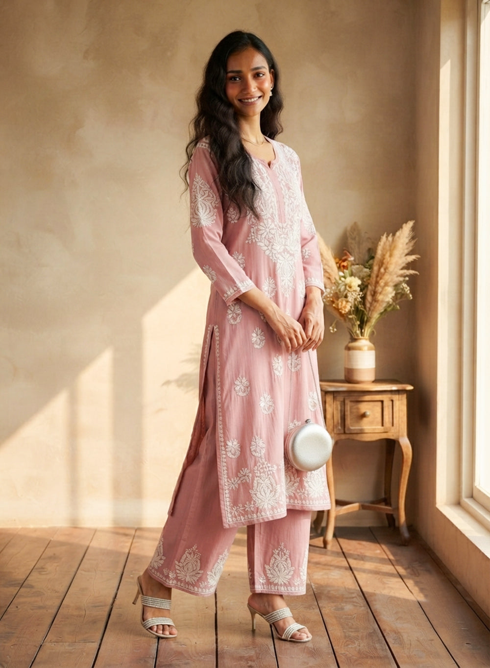 Dusky Pink - Modal Nargis Chikankari Co-ords Set With White Thread Embroidery