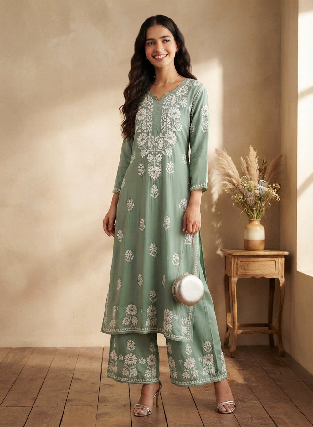 Sage Green - Modal Nargis Chikankari Co-ords Set With White Thread Embroidery