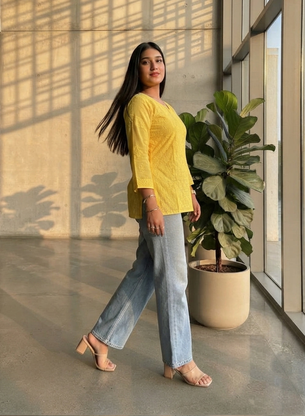 Yellow - Gulshan Muslin Shadow Work Chikankari Short Top