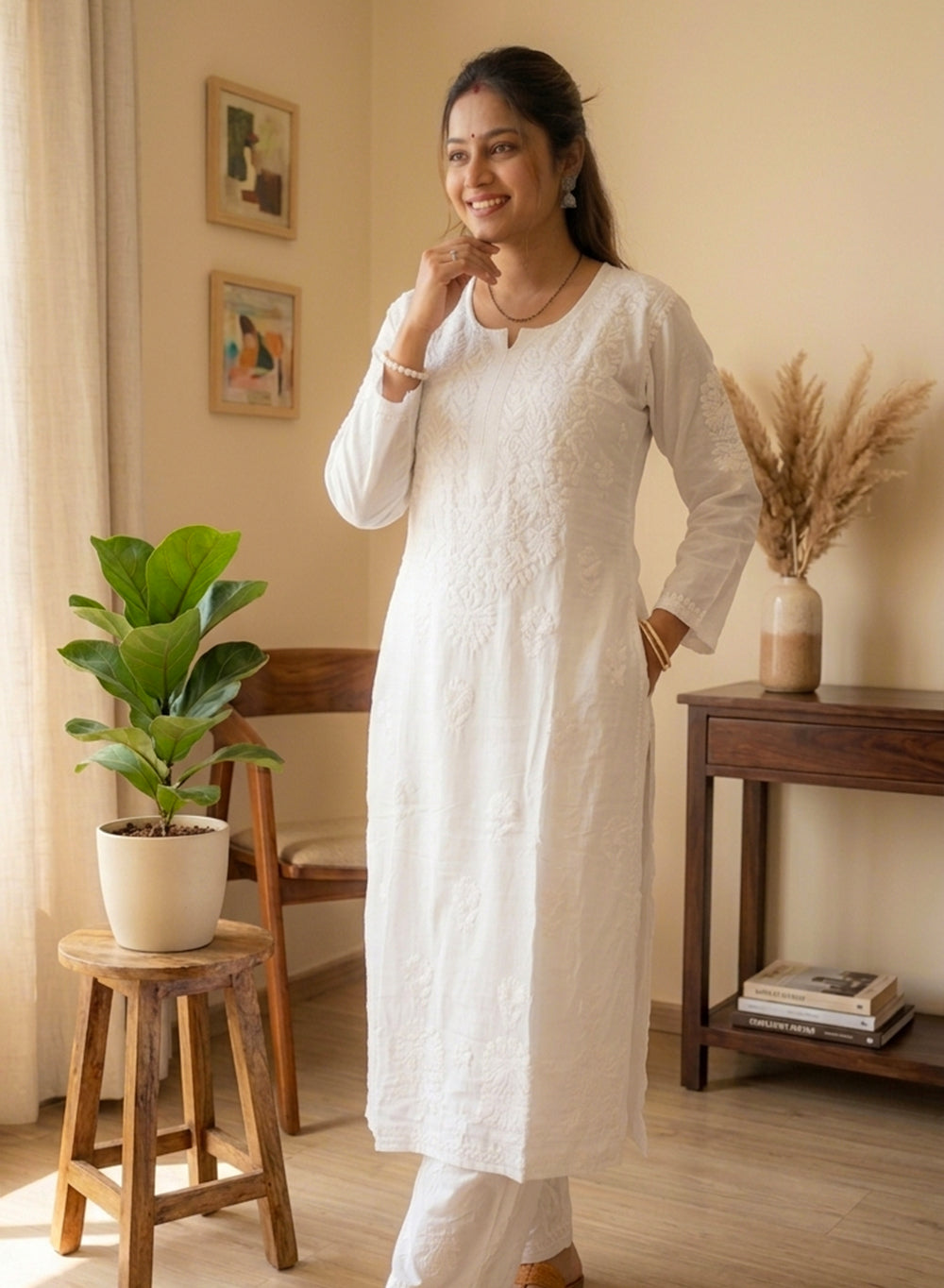 White - Modal Nargis Chikankari Co-ords Set With White Thread Embroidery