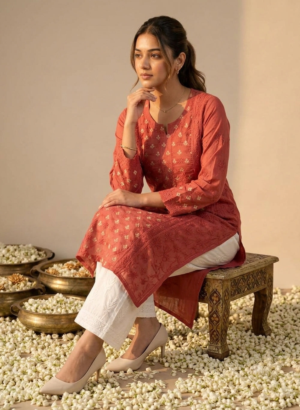 Rust - Anjuman Mul Chanderi Brocade Chikankari Kurta With Slip