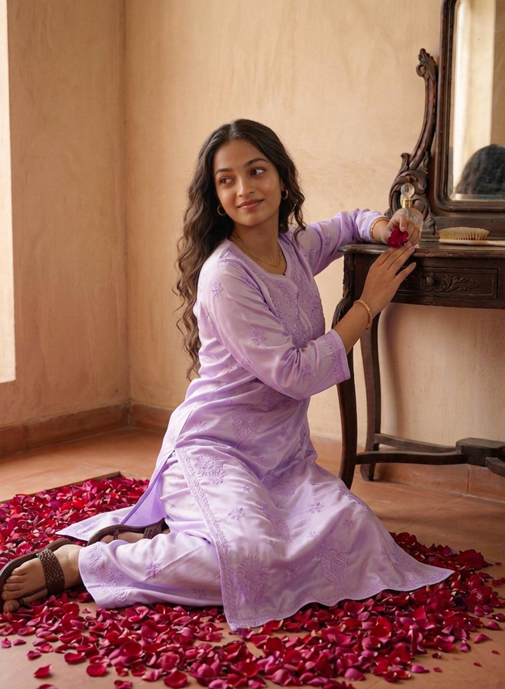 Seher Lavender - Nargis Satin Chikankari Kurta & Palazzo Set