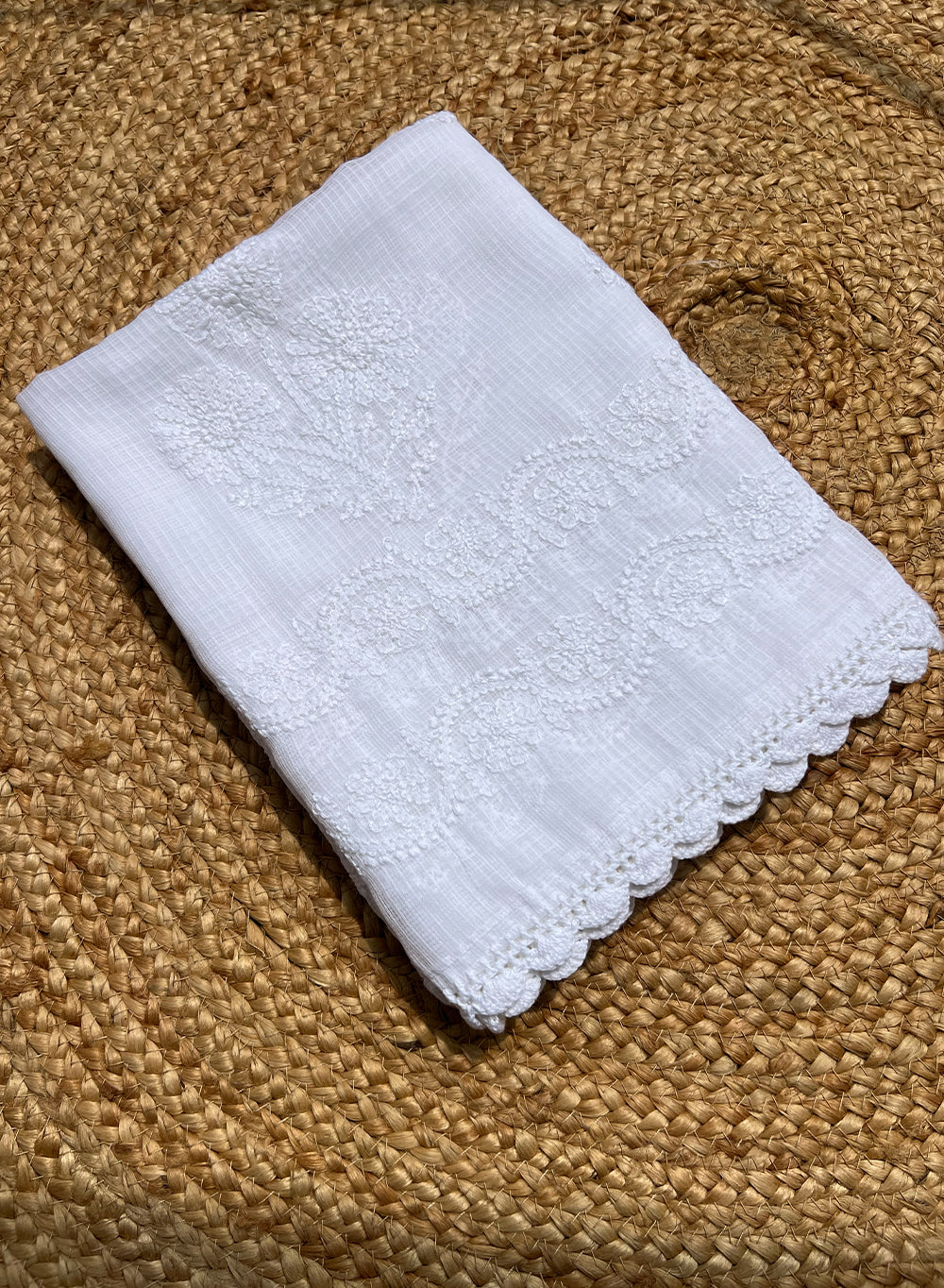 White - Nazm Cotton Hand Embroidered Chikankari Dupatta
