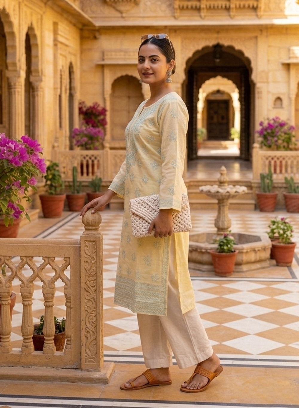 Beige With Turquoise Thread Work - Bahaar Cotton Terry Voile Chikankari Kurta