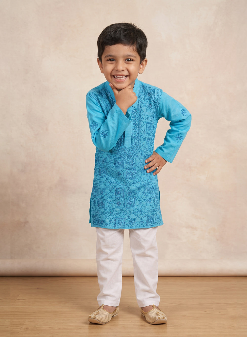Blue Dual Thread Front Jaal - Cotton Chikankari Kurta With Pajama