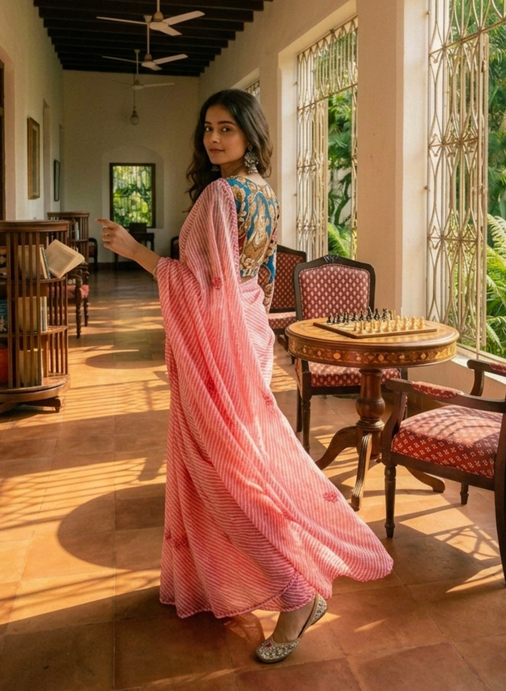 Fluorescent Pink Lehariya - Kota Aks Cotton Chikankari Saree