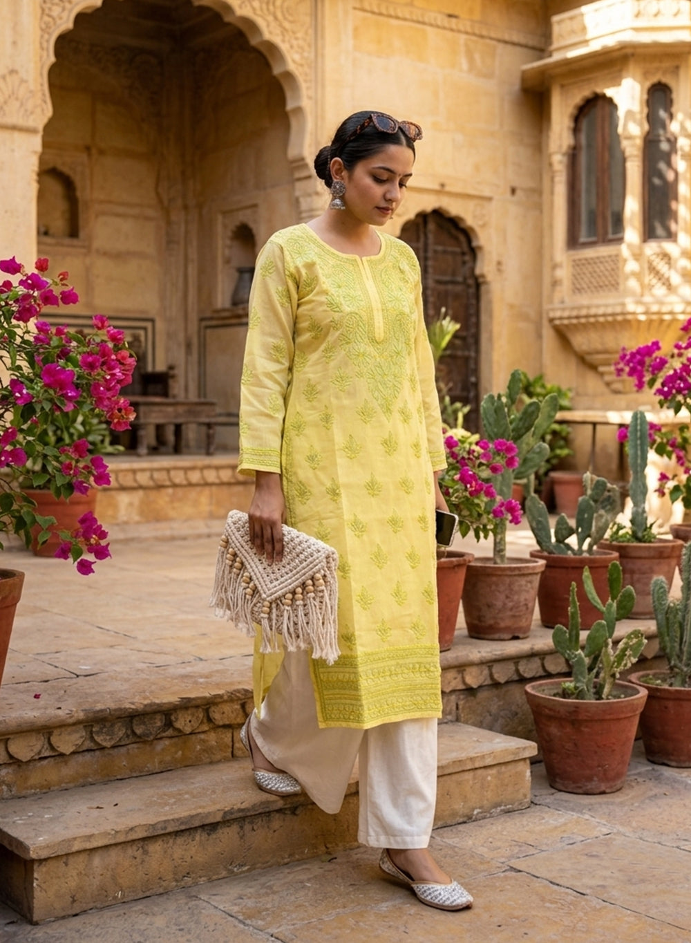 Yellow & Geen - Bahaar Cotton Terry Voile Chikankari Kurta With Slip